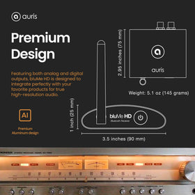 Auris Blume HD setup image highlights quick wireless streaming to a stereo.