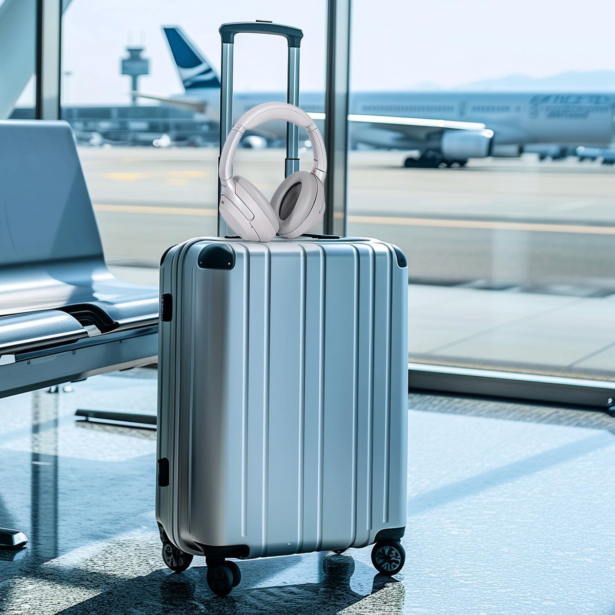 Aurivor pads on commuter wearing headphones for long-flight comfort