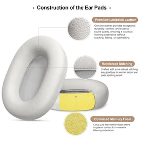 Aurivor XM5 leather ear pads stitching detail underscores reinforced construction.