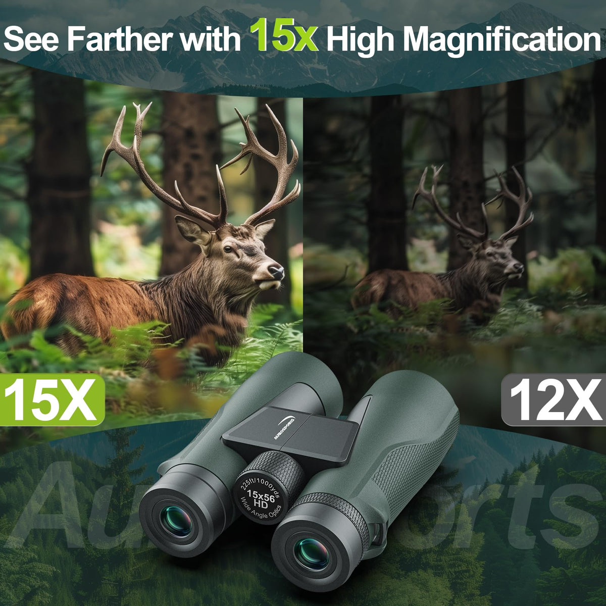Aurosports 15x56 binoculars 56mm objective lens enabling brighter view in low light conditions.