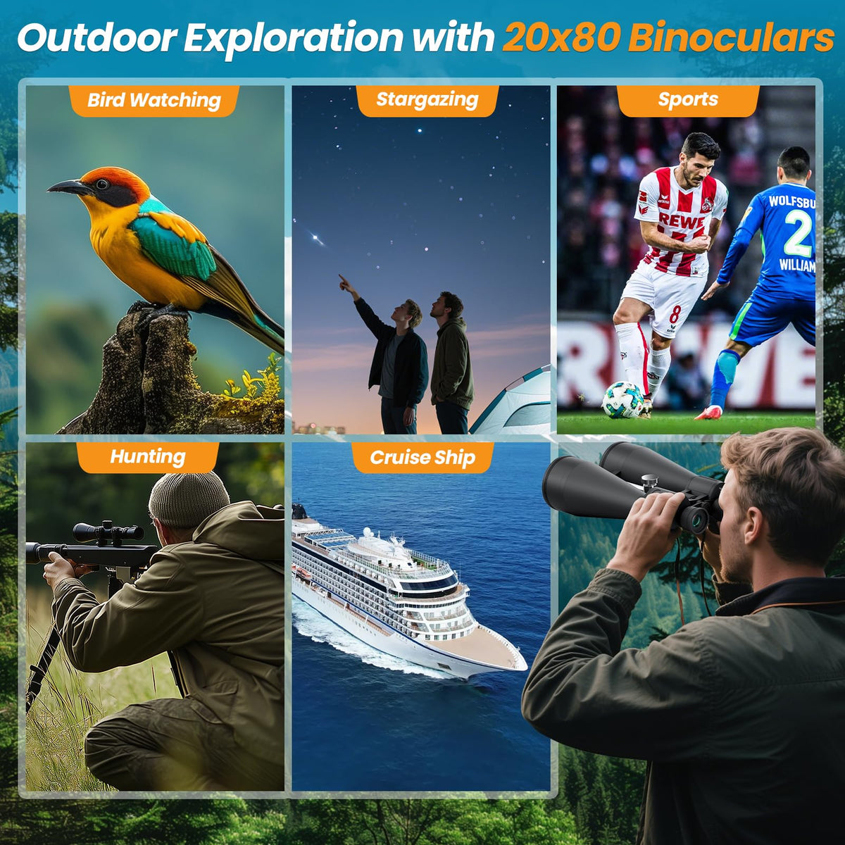 Aurosports 20x80 binoculars bird watching in field setting.