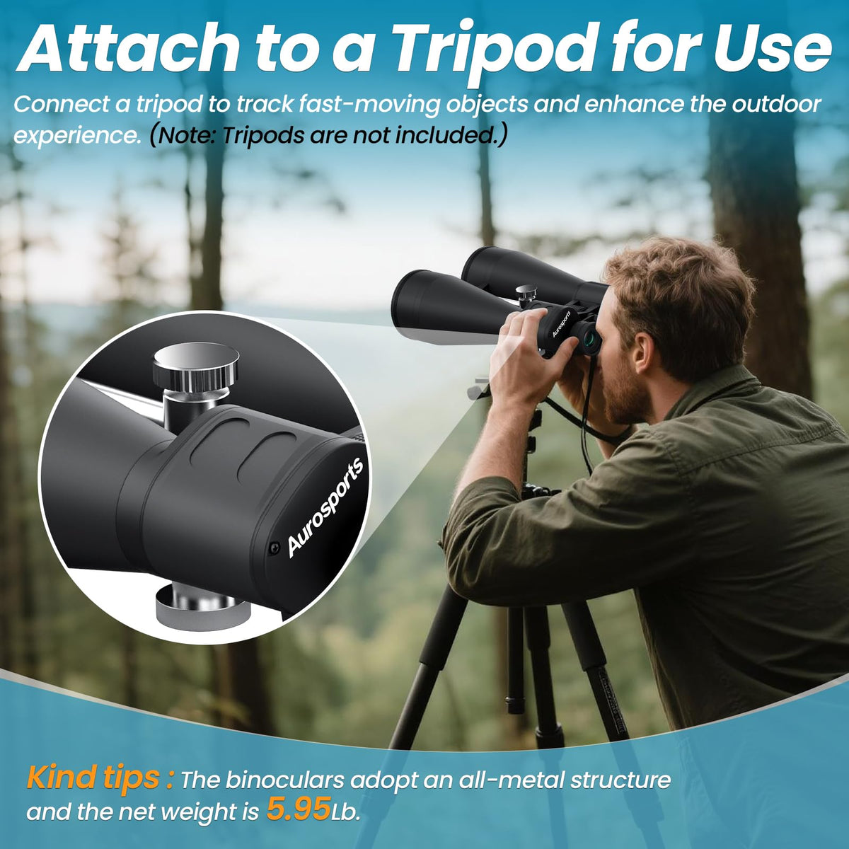 Aurosports 20x80 binoculars tripod mount area shows stable setup on uneven terrain.