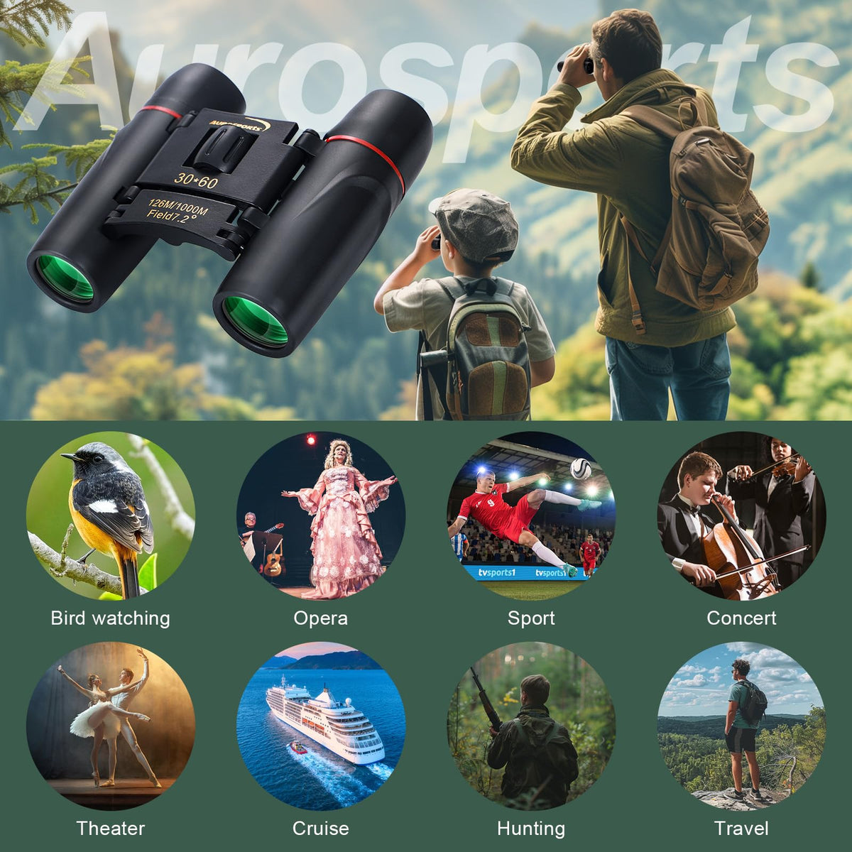 Aurosports 30x60 binoculars high magnification for distant details during hikes and travel.
