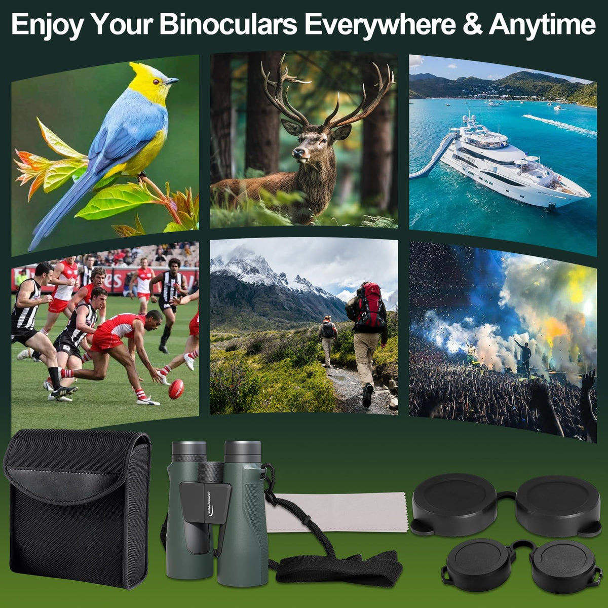 Aurosports adventure kit including bag, cleaning cloth, and strap for travel readiness.