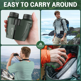 Aurosports protective case, strap, and cleaning cloth displayed for travel convenience