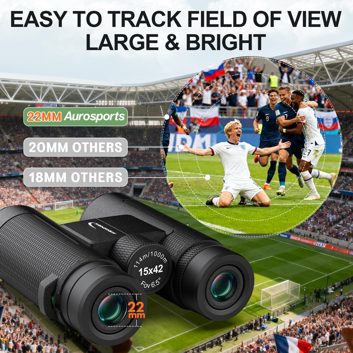 Aurosports binoculars held in hand to show lightweight 0.6kg advantage