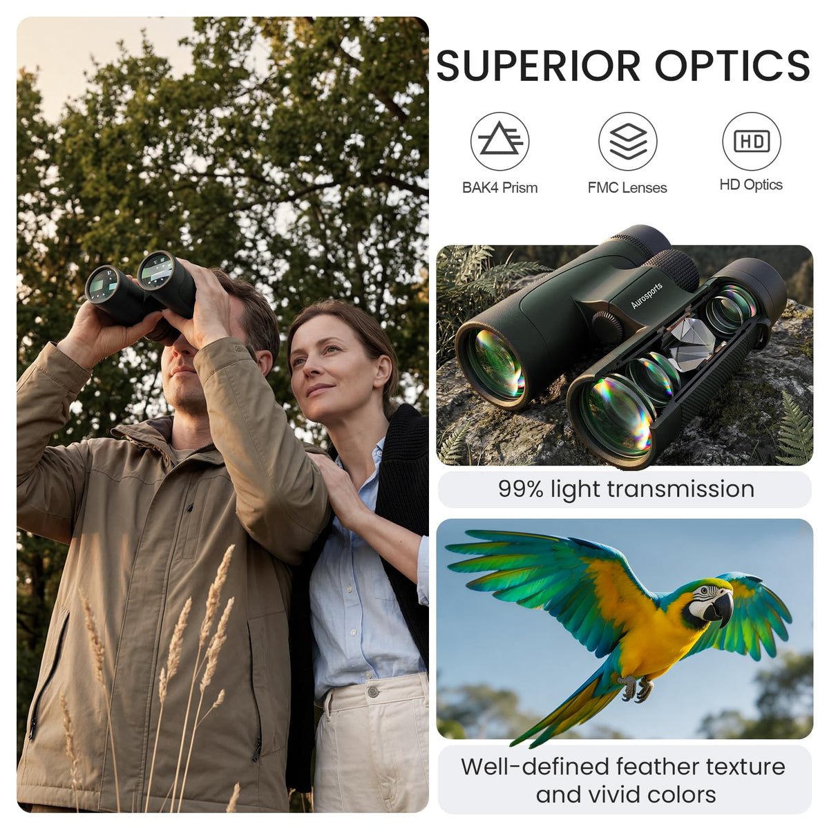 Aurosports IPX7 waterproof binoculars withstand wet conditions outdoors.