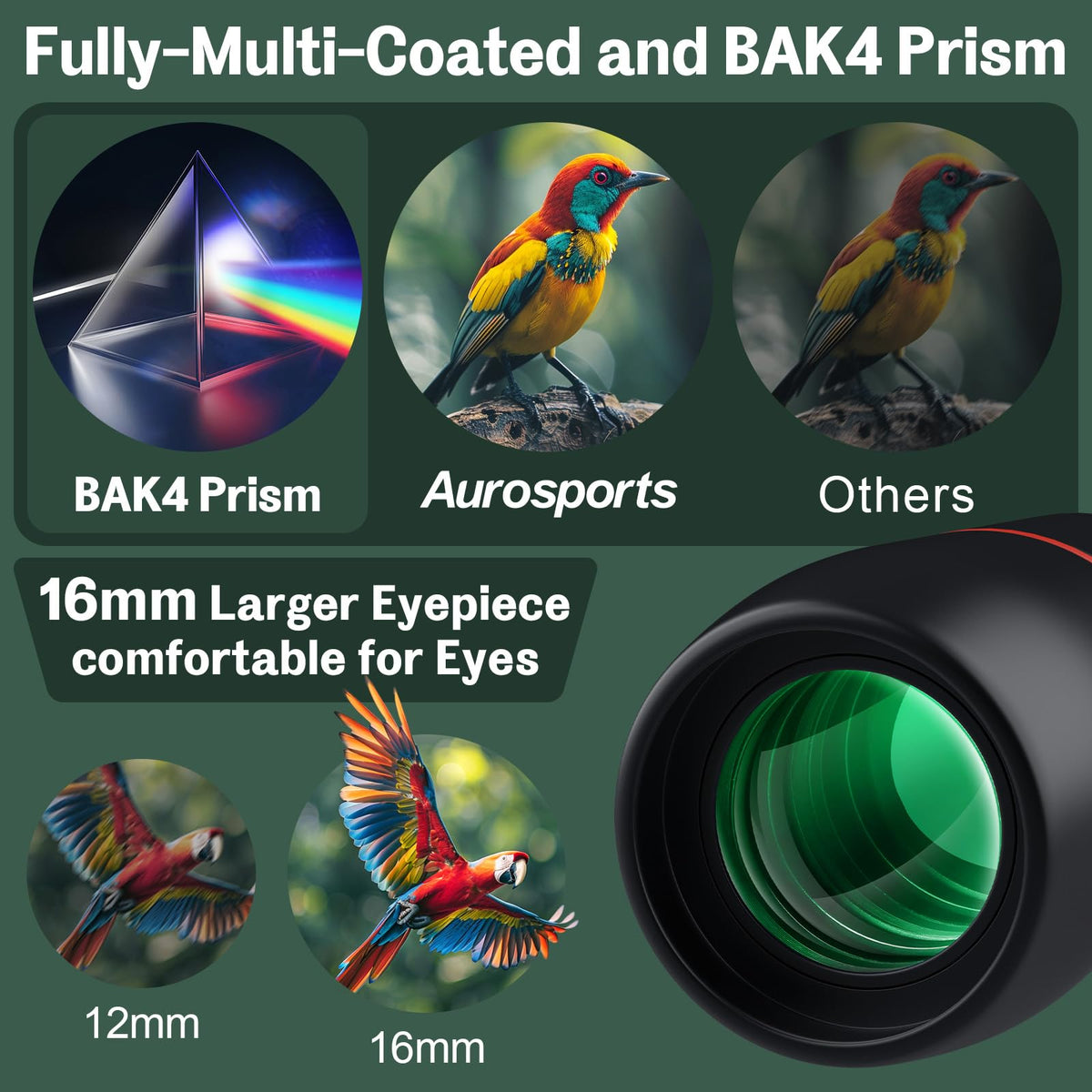 Aurosports lightweight waterproof binoculars with rubber coating for durable outdoor use.