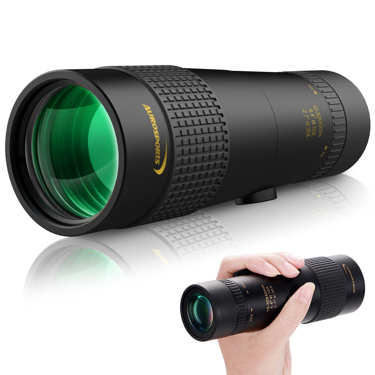 Aurosports monocular front view showing lens and compact design benefit bright imaging