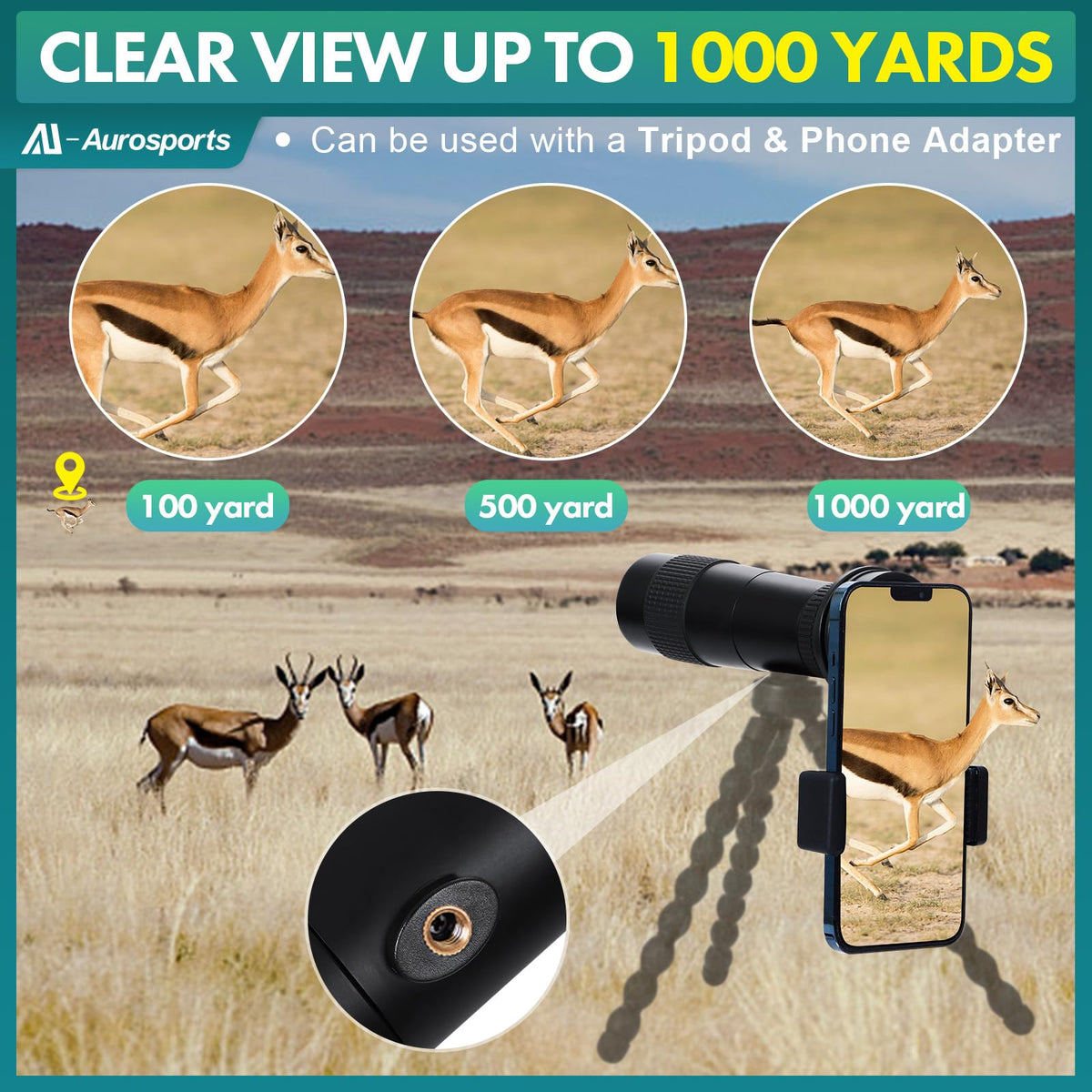 Aurosports monocular in hand showing compact size and easy one-handed use benefit