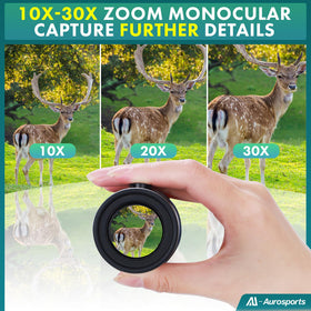 Aurosports monocular objective lens close-up showing coatings for brighter, clearer views
