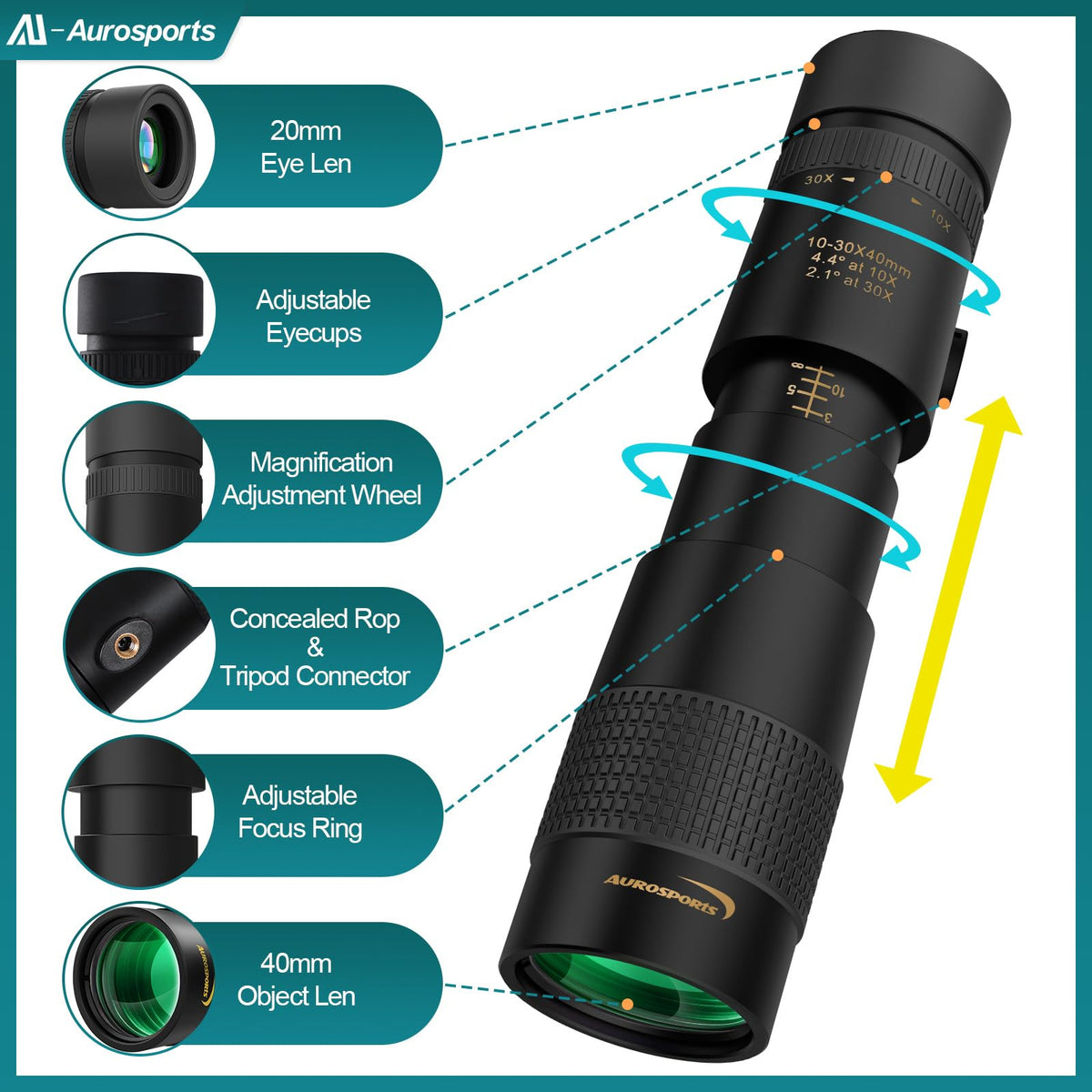 Aurosports monocular side view highlighting focus wheel for quick sharpness adjustment