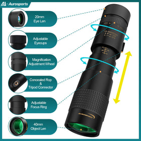 Aurosports monocular side view highlighting focus wheel for quick sharpness adjustment