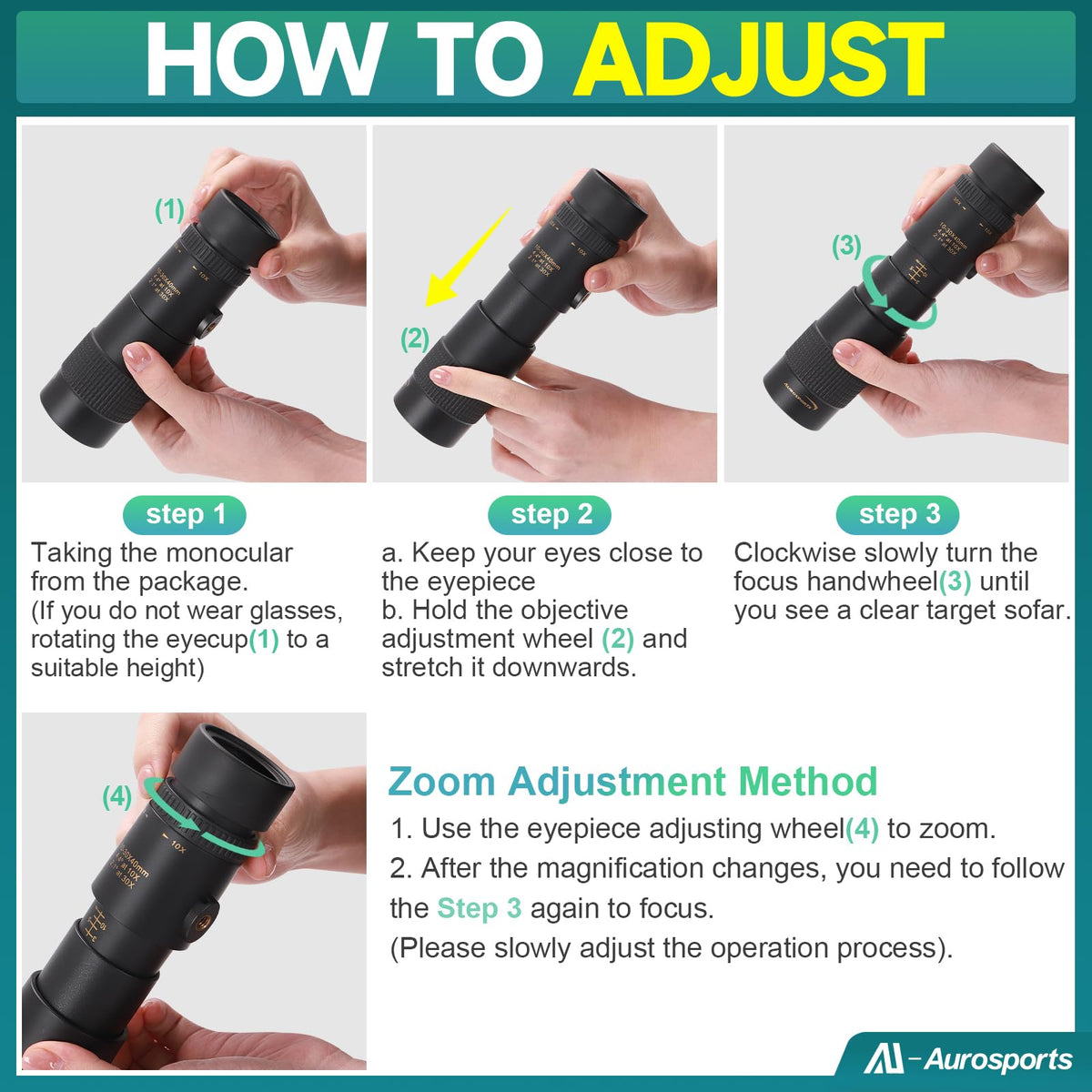 Aurosports monocular with carry pouch and caps illustrating protection and portability