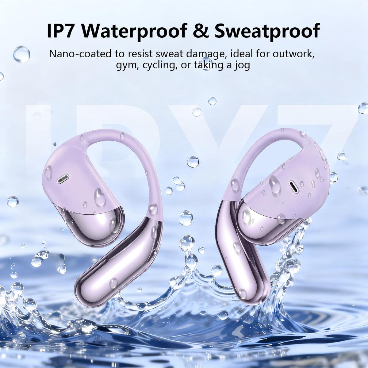 Aurotlu Open Ear Headphones with IPX7 protection for sweat and rain resistance.