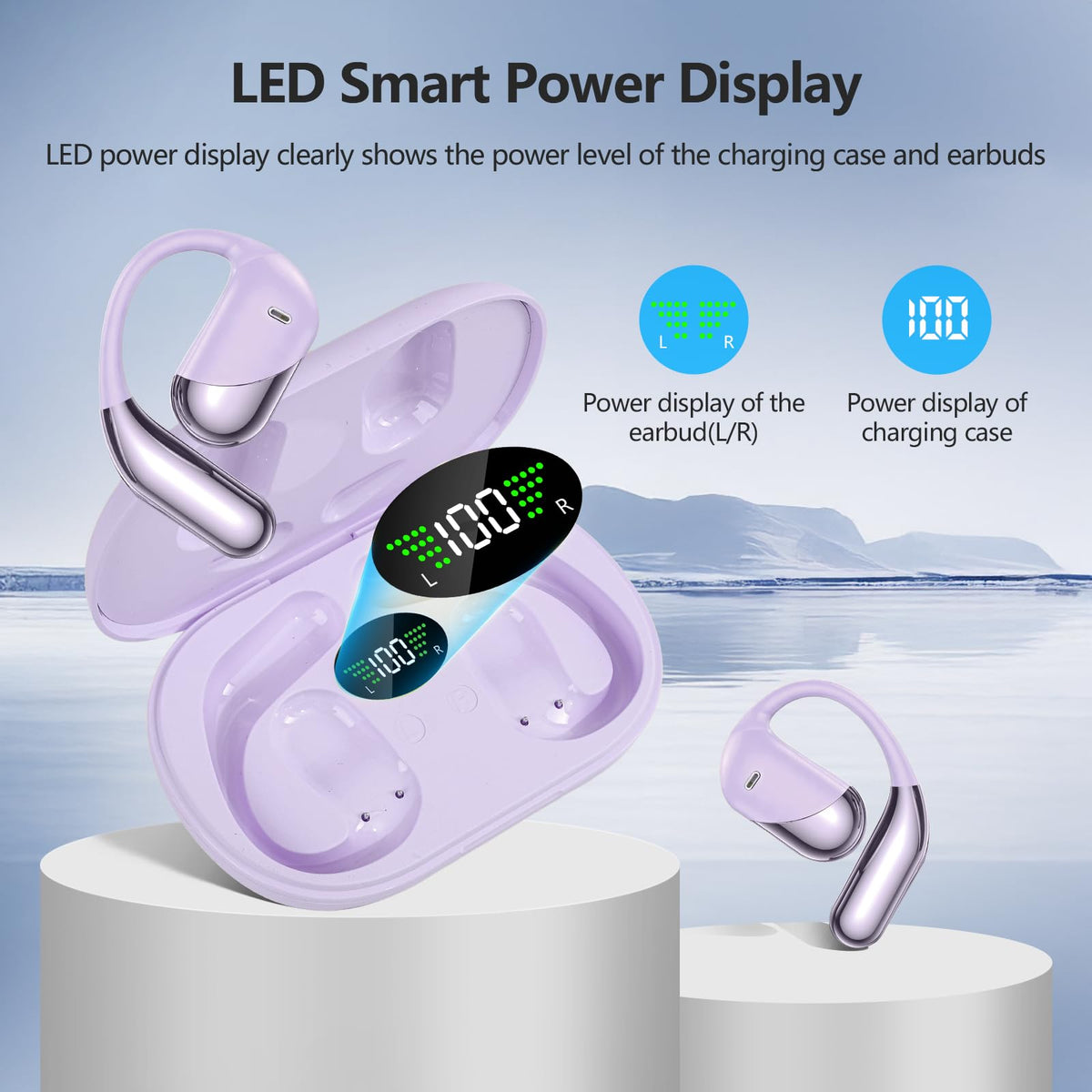 Aurotlu Open Ear Headphones LED display showing battery status at a glance.