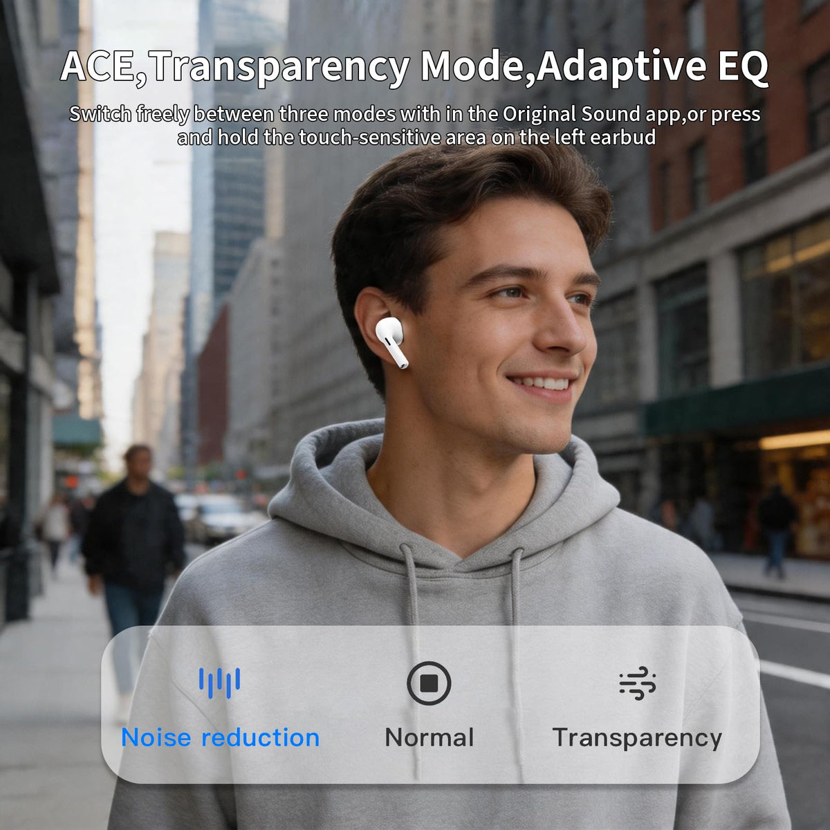 Ausbilew Pro 3 worn in ear during commute, showing secure fit and ambient noise control benefit