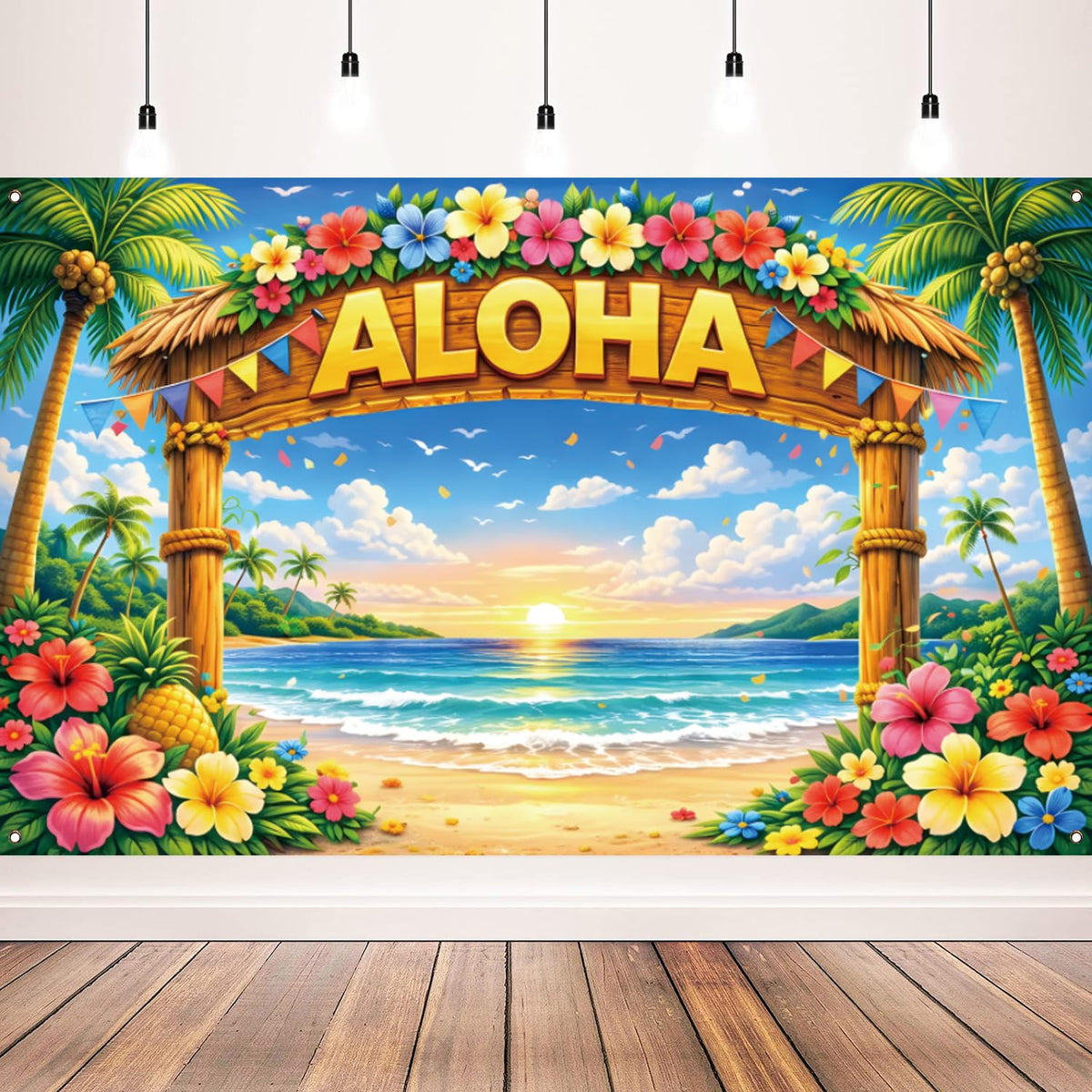 AUSHENKE aloha backdrop with floral arch and palm trees for festive photo moments indoors or outdoors.