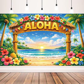 AUSHENKE aloha backdrop with floral arch and palm trees for festive photo moments indoors or outdoors.