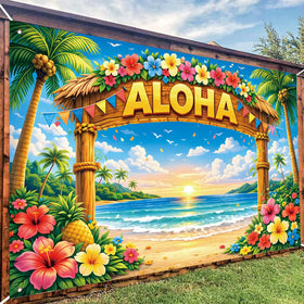 AUSHENKE Hawaiian birthday party setup behind the cake and guests.