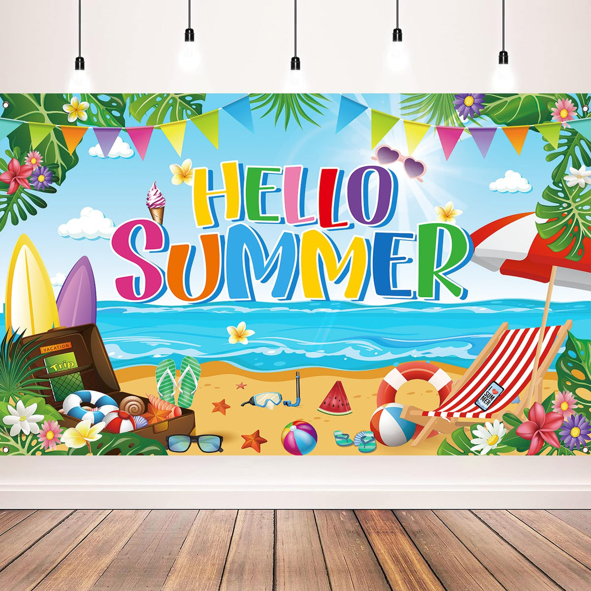 AUSHENKE Hello Summer banner brightens parties with a vibrant beach scene backdrop