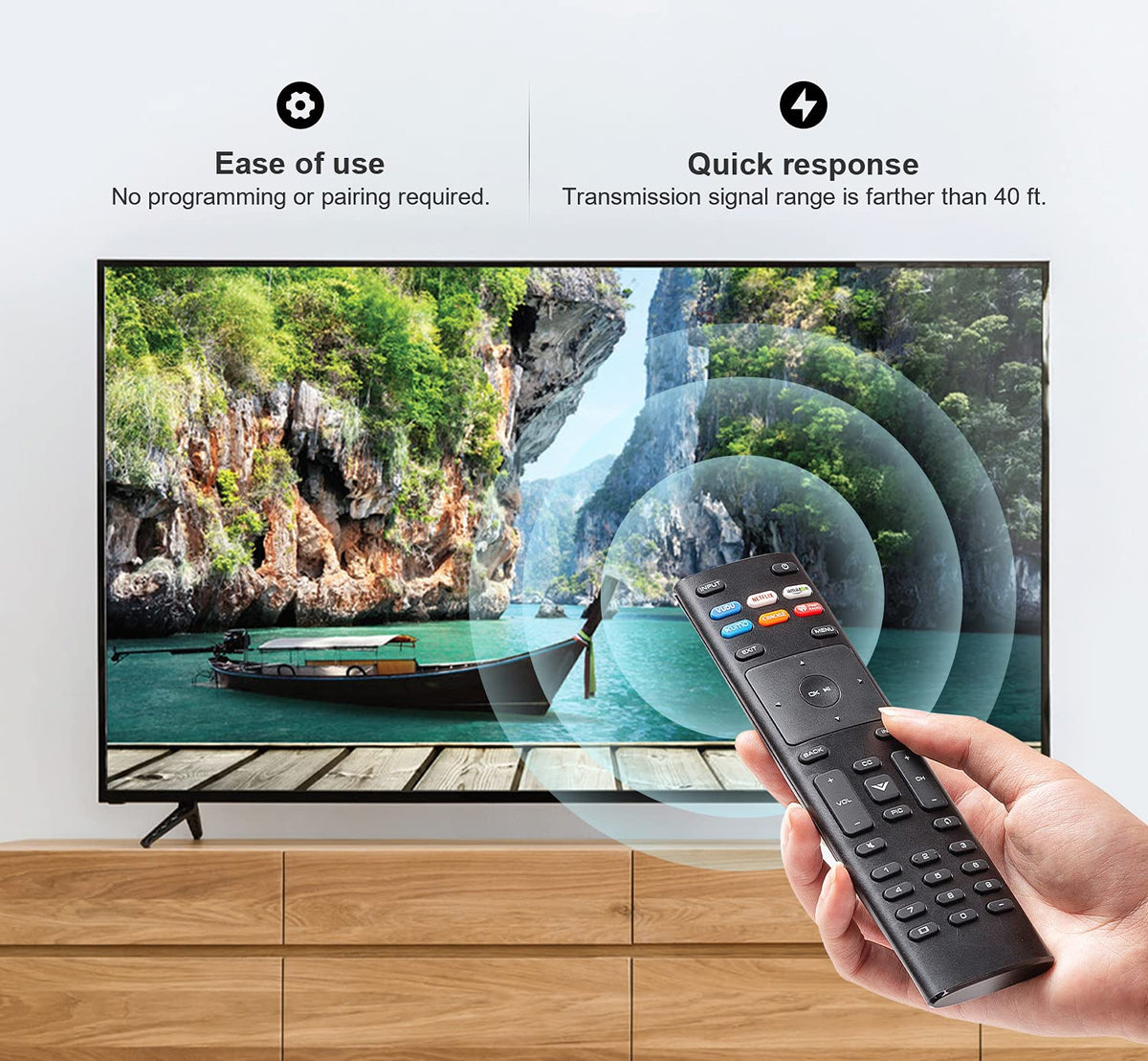 AUSOTUSO Vizio remote app-shortcuts close-up demonstrating instant access to VUDU and Netflix.