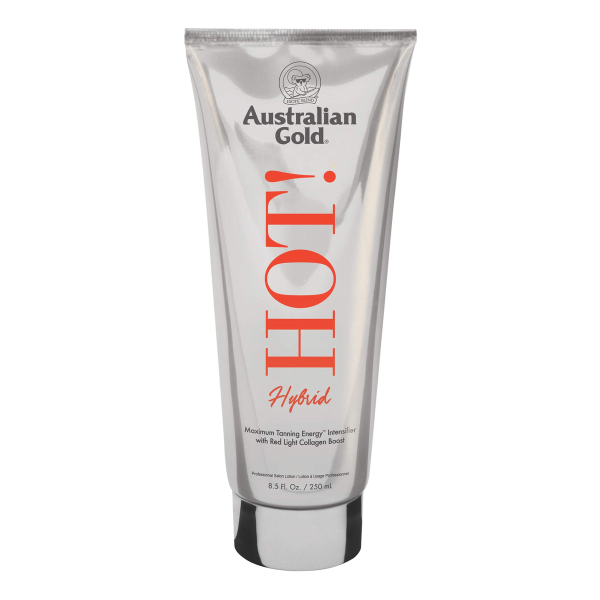 Australian Gold Hot Hybrid 8.5 oz bottle closeup, highlighting hybrid tanning support for UV and red light sessions.