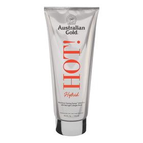 Australian Gold Hot Hybrid 8.5 oz bottle closeup, highlighting hybrid tanning support for UV and red light sessions.