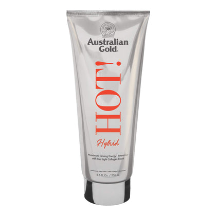 Australian Gold Hot Hybrid 8.5 oz bottle closeup, highlighting hybrid tanning support for UV and red light sessions.