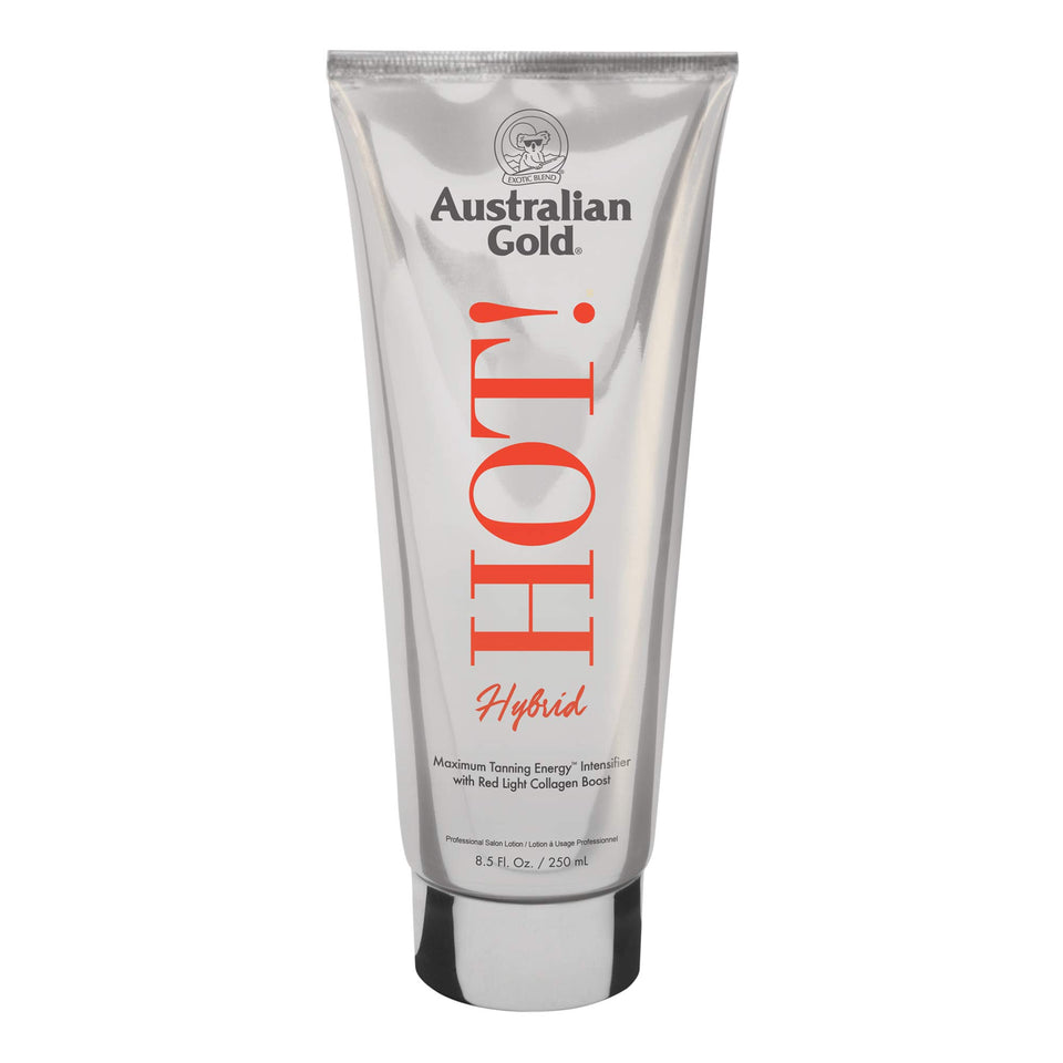 Australian Gold Hot Hybrid 8.5 oz bottle closeup, highlighting hybrid tanning support for UV and red light sessions.