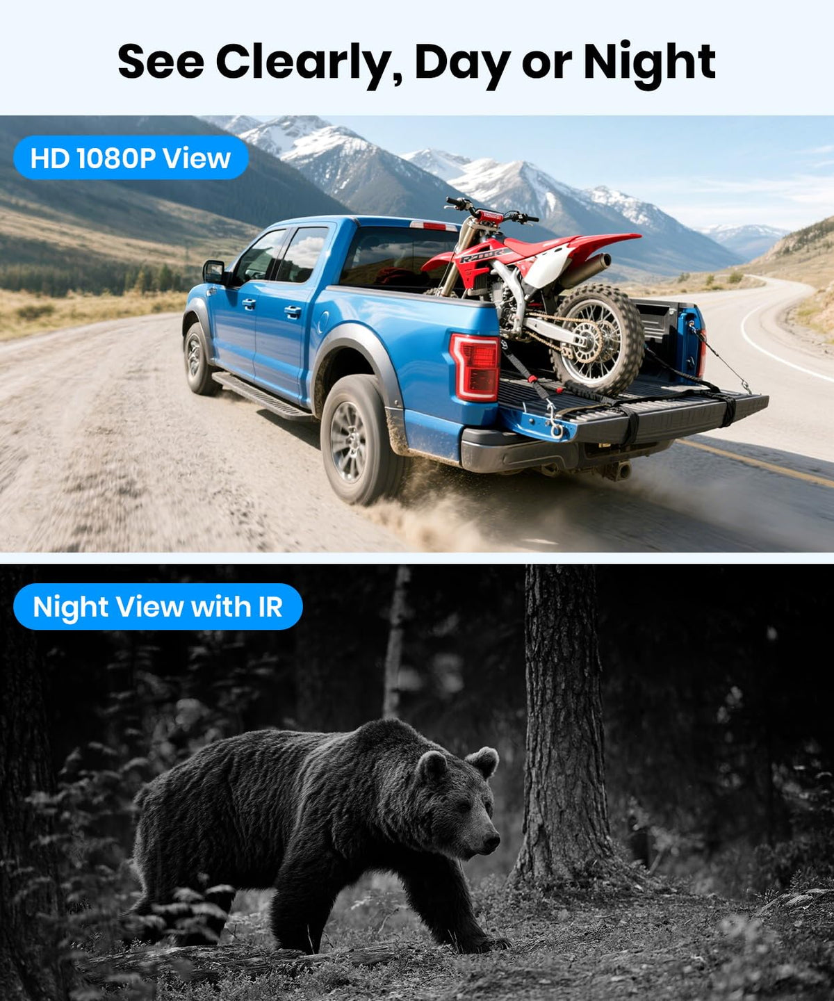 AUTO-VOX 5-inch monitor displaying clear dual-channel 1080p video for reversing.
