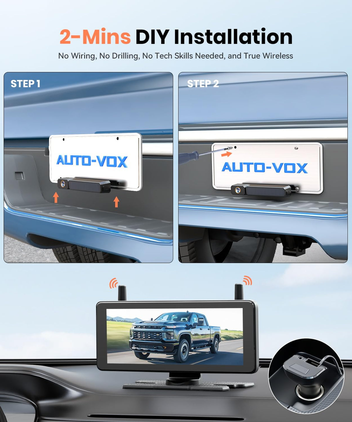 AUTO-VOX 7.2-inch DVR display view showing split-screen monitoring for safer driving.