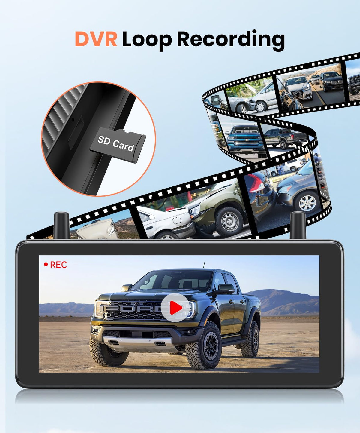 AUTO-VOX 7.2-inch DVR loop recording illustrates continuous footage for reference.