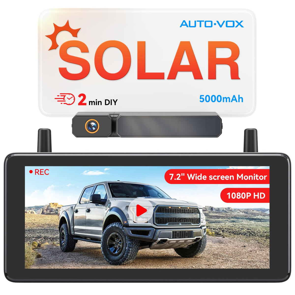 AUTO-VOX 7.2-inch DVR main unit with quick install and wide rear view.