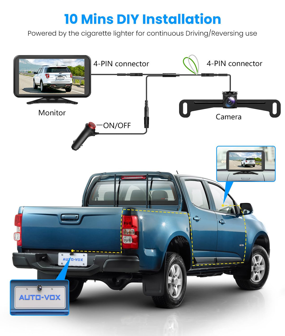 AUTO-VOX night vision backup camera helps see surroundings in low light for safer driving.