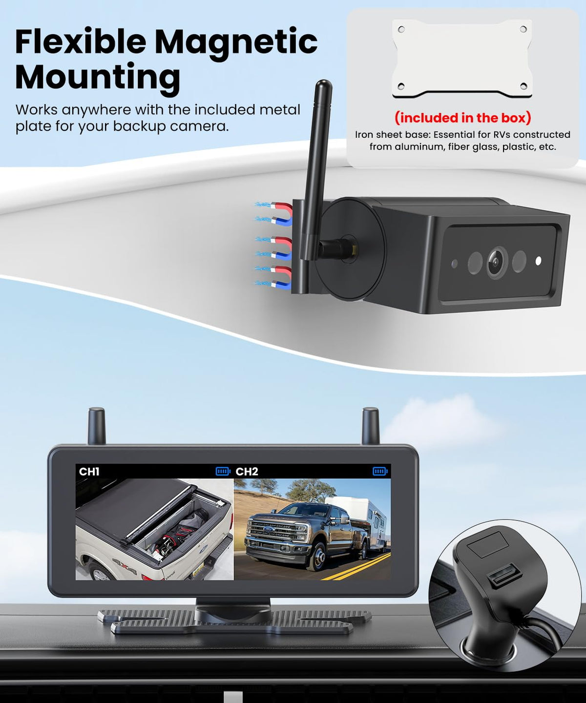 Auto-Vox magnetic mount backup camera enables quick, drill-free installation.