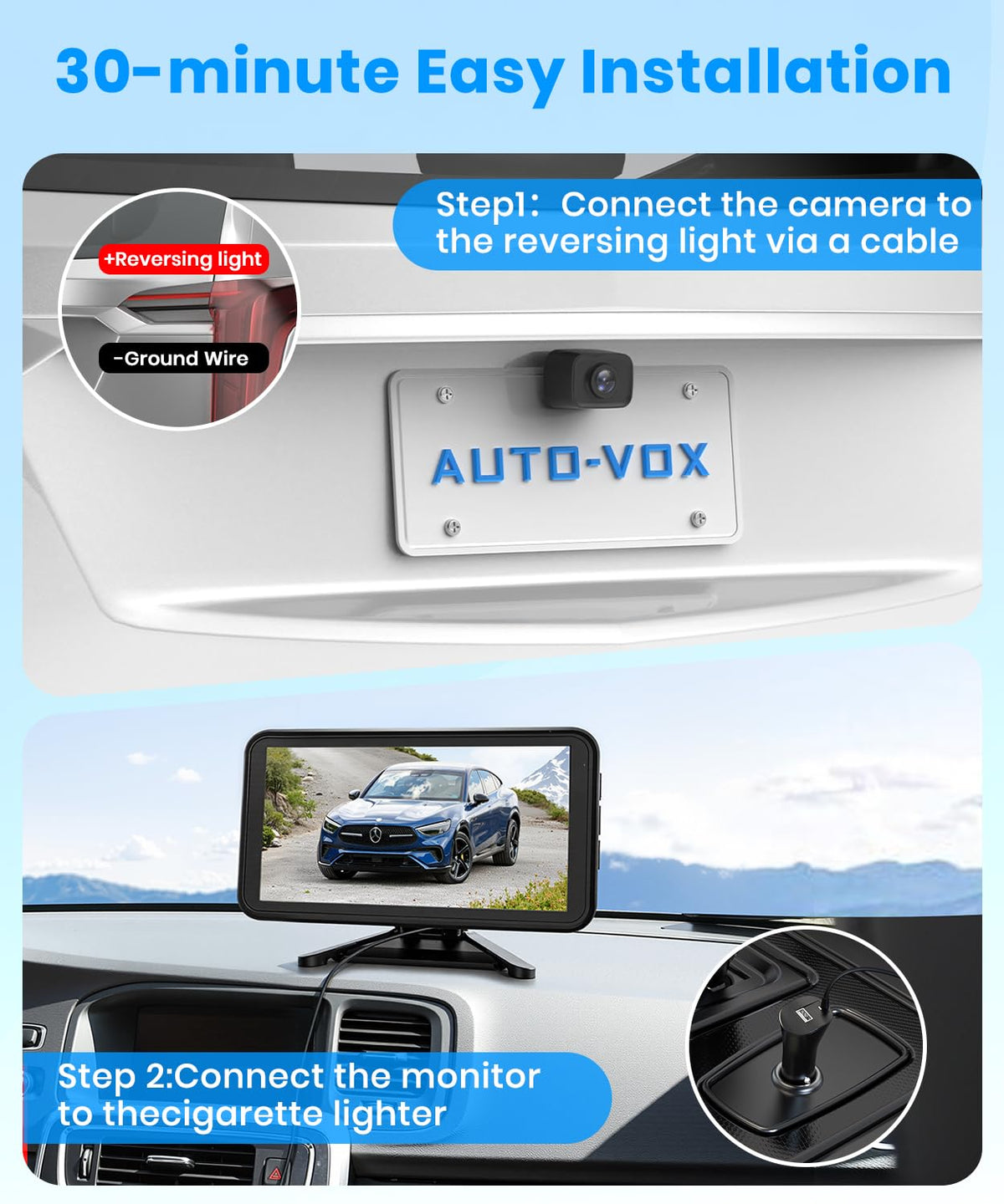 AUTO-VOX 1080p display provides sharp footage for precise reversing in tight spaces.