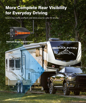AUTO-VOX rear-view camera showing clear view of RV rear for safe backing