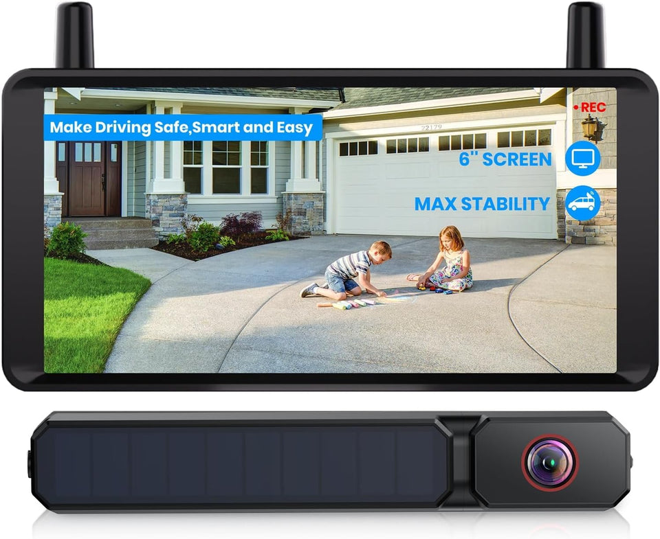 Auto-VOX solar backup camera with 6-inch monitor, clear rear view for easier parking.
