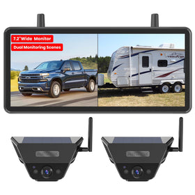 AUTO-VOX solar backup camera monitor with split view for hitch alignment and rear awareness.