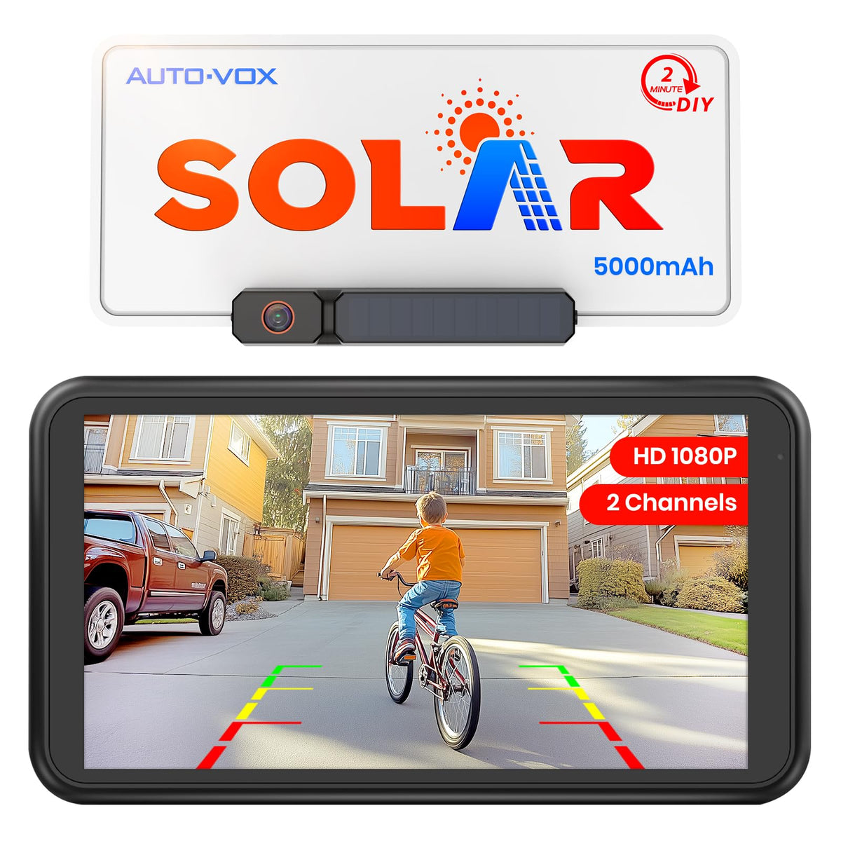 AUTO-VOX solar backup camera on license plate mount enhances rear visibility in tight spaces.