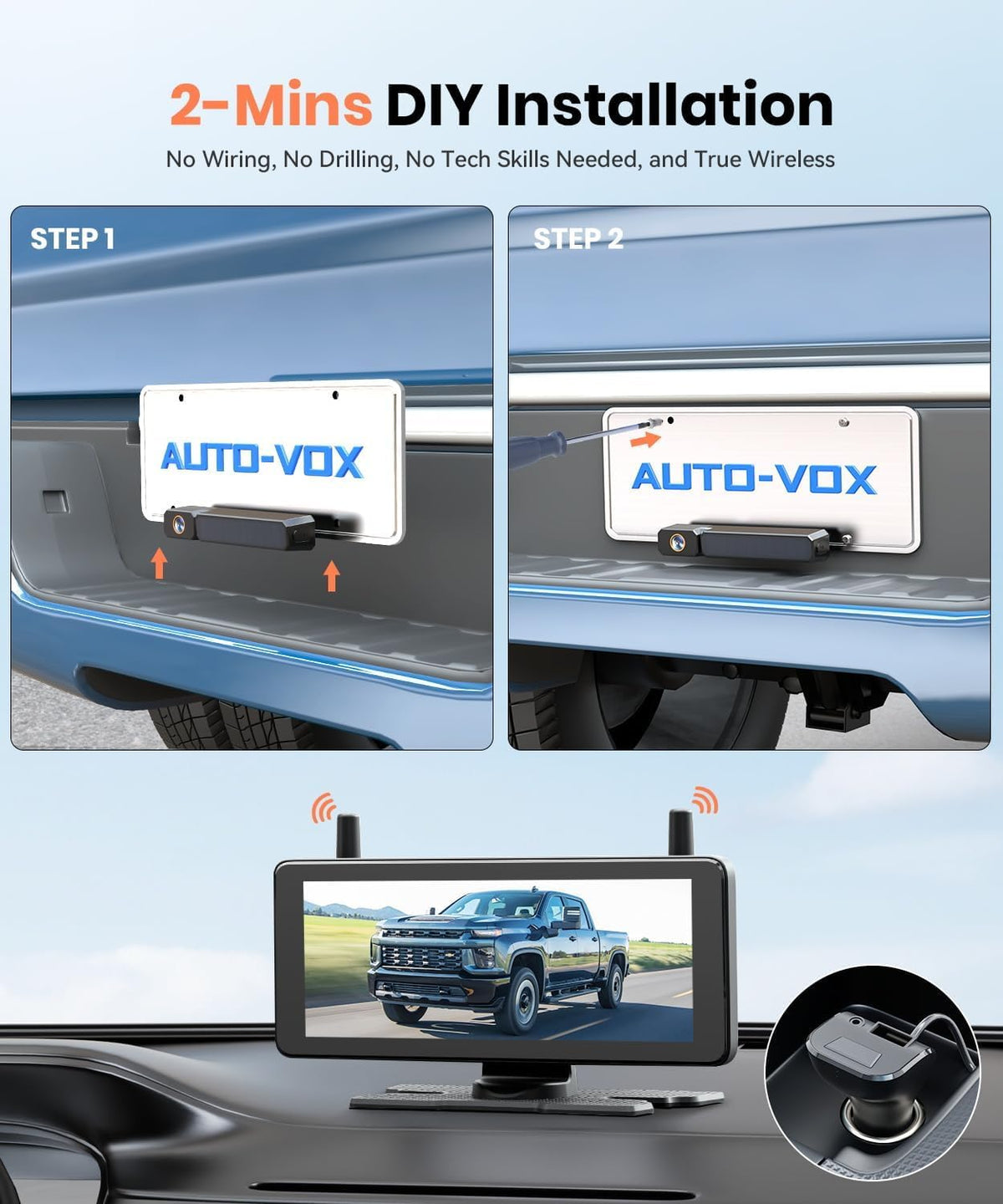 AUTO-VOX dual-channel display helps monitor two angles while backing up.