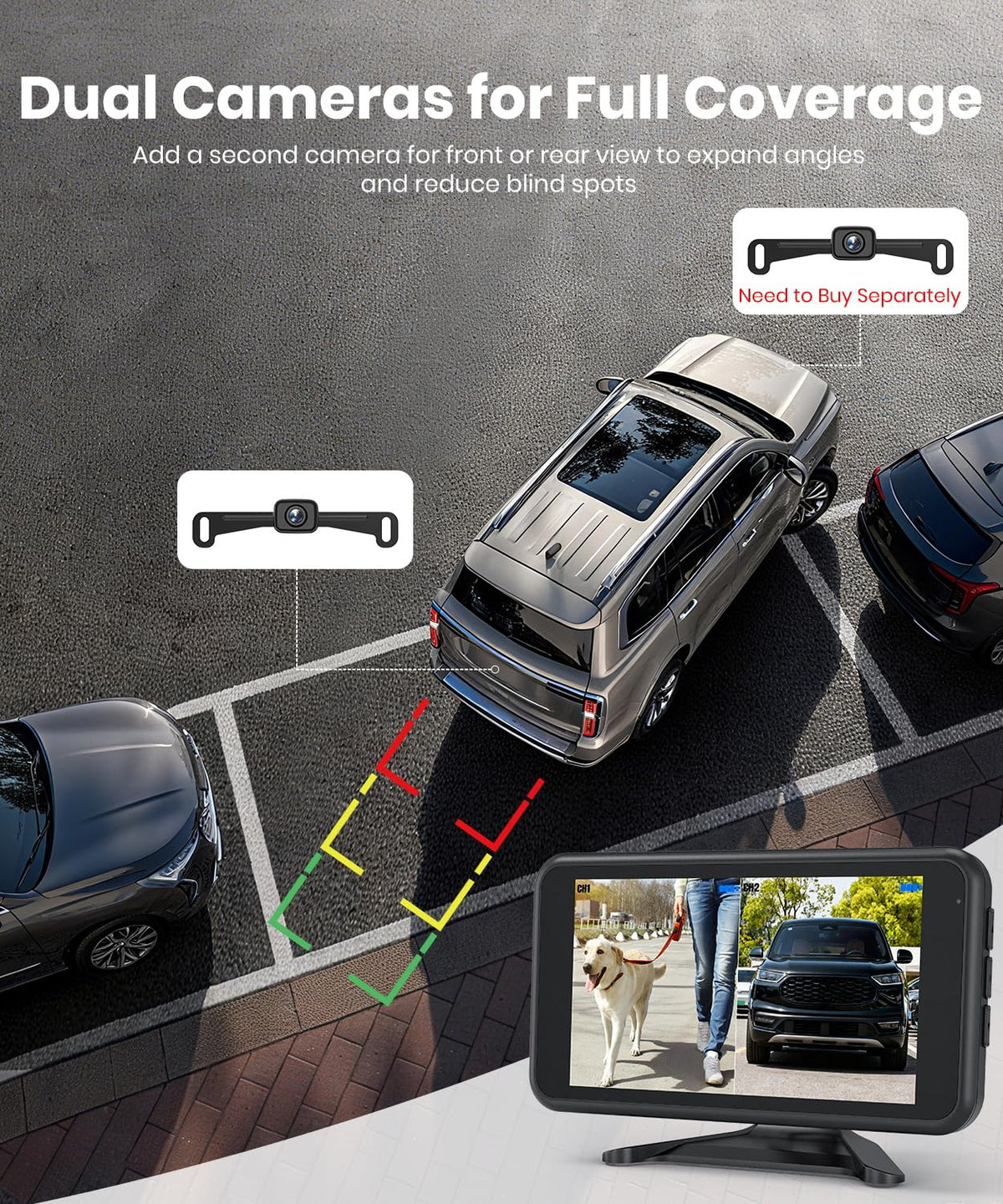 AUTO-VOX W12 dual-camera support lets you view two angles.
