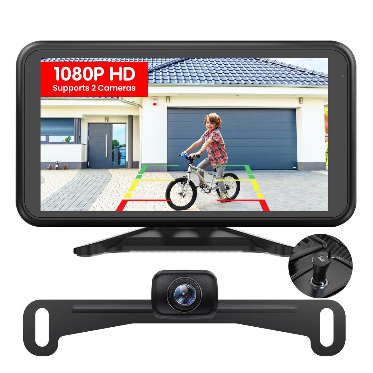 AUTO-VOX W12 monitor and rear camera shown mounted, clearer reversing