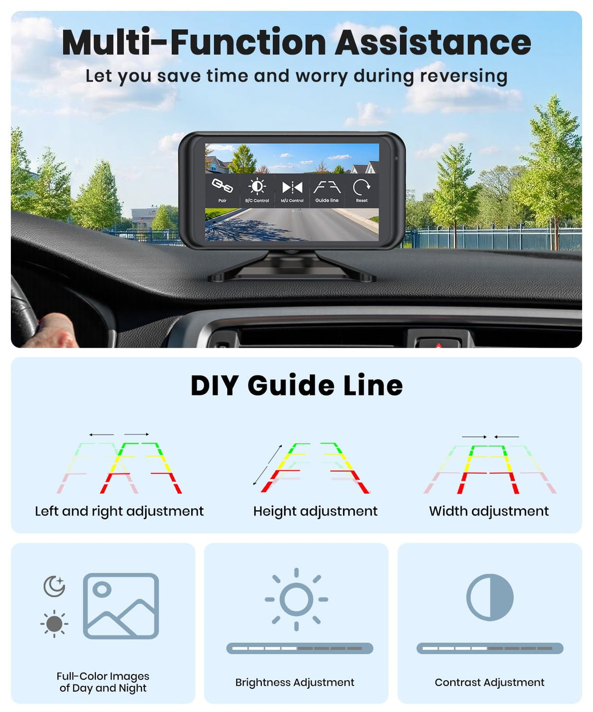 Auto-VOX W5 adjustable brightness and guide lines for parking.