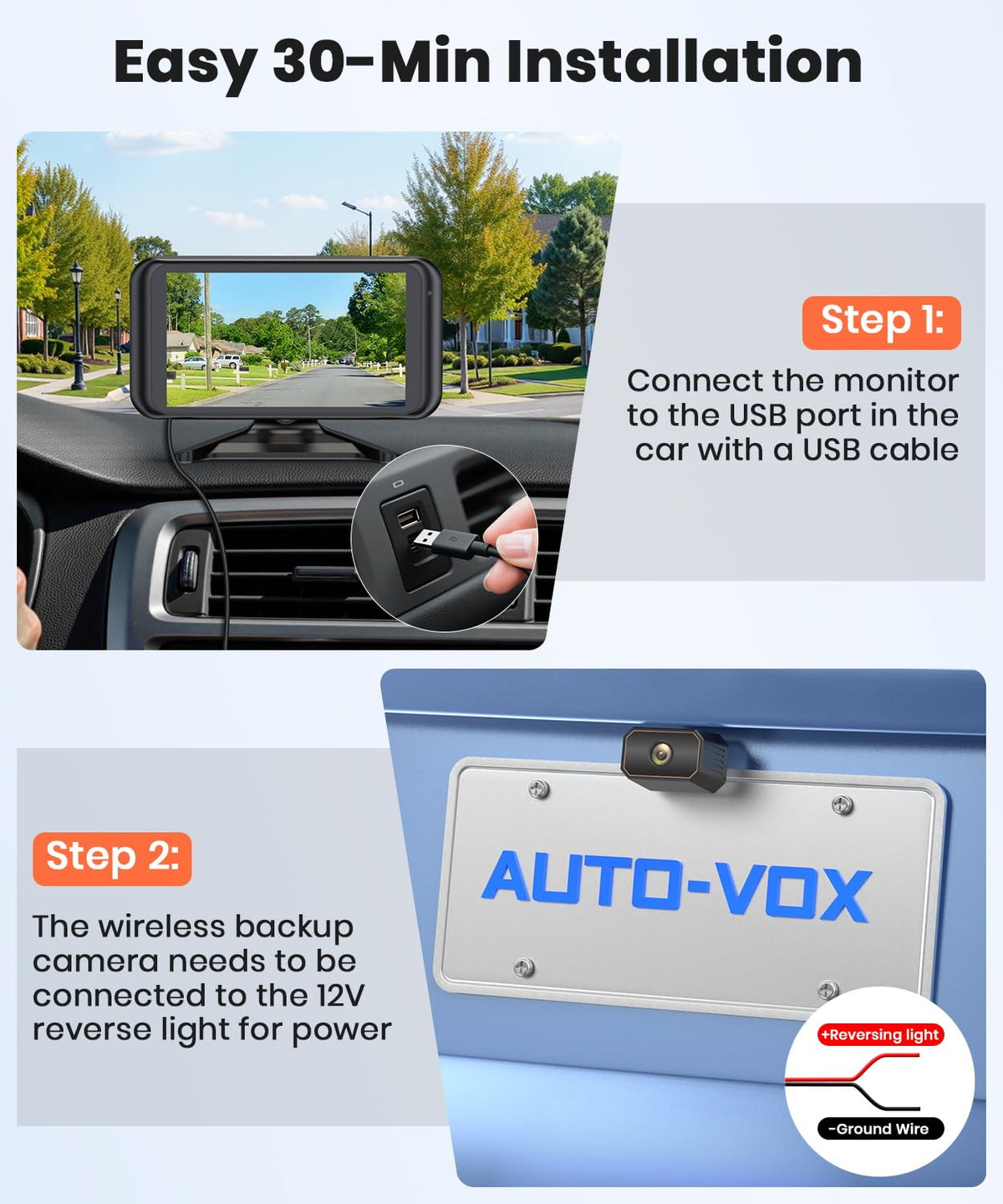 Auto-VOX W5 backup camera mounted on license plate improves rear visibility.