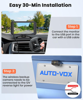 Auto-VOX W5 backup camera mounted on license plate improves rear visibility.