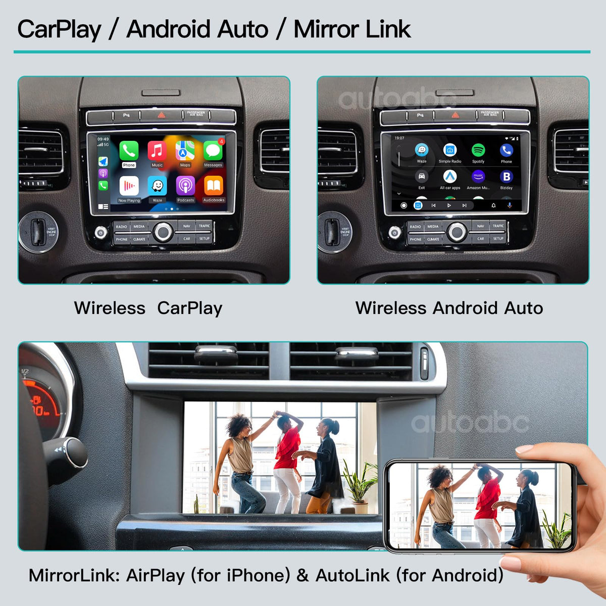 AutoABC wireless CarPlay and Android Auto delivers hands-free app access in Touareg.