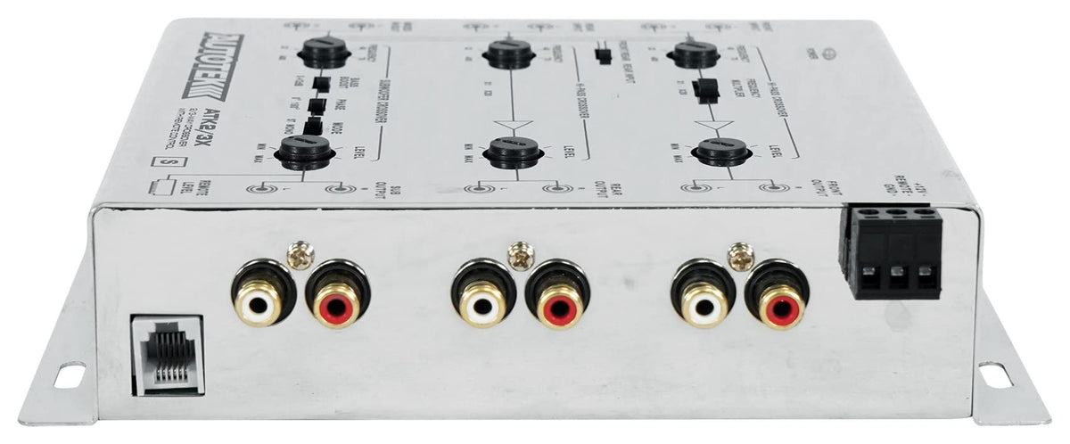 Autotek ATK2 close-up of knobs and phase switch for accurate frequency adjustments