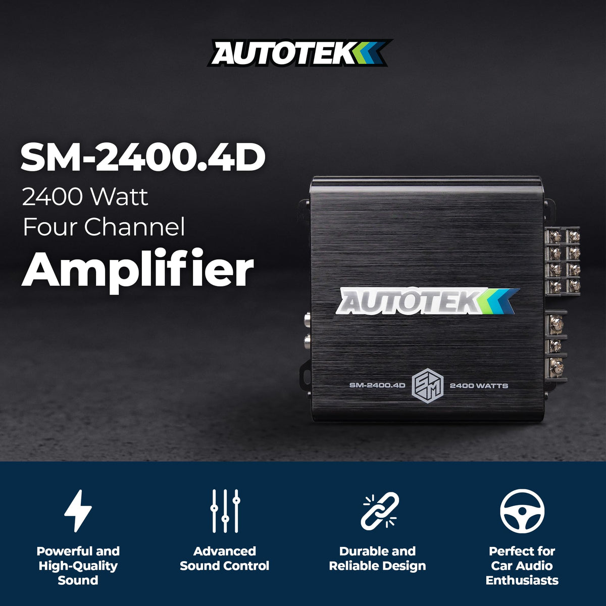 Autotek SM-2400.4D bass knob closeup for quick on-the-fly tuning